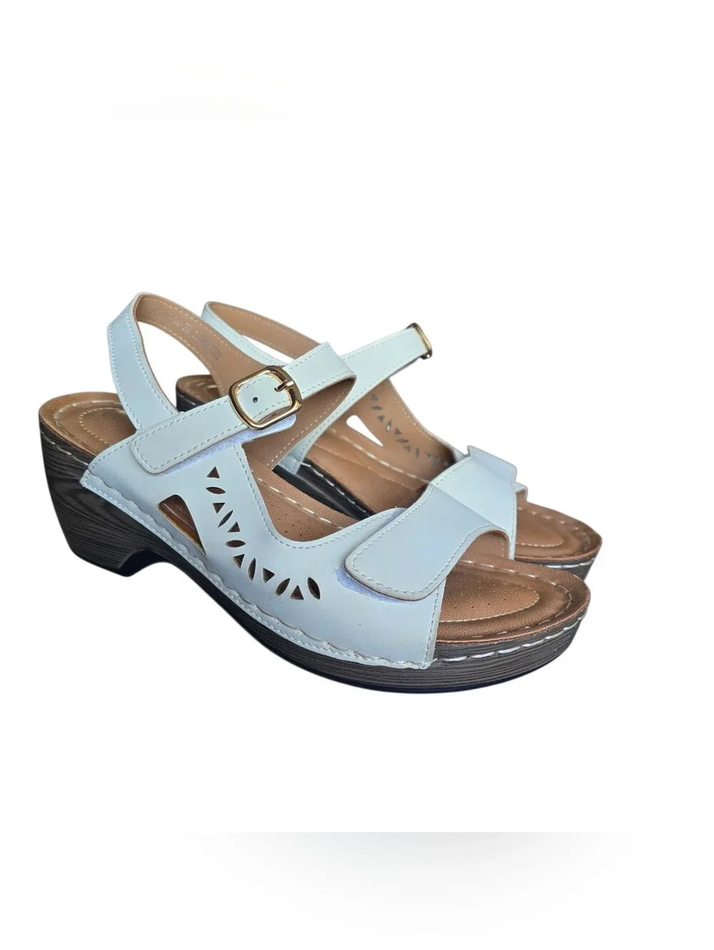 Patrizia Perfectay White Velcro Closure Gold Buckle Wedge Sandals 7.5